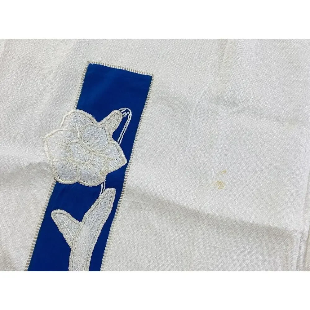 Antique Embroidered Table scarf Linen with fringe Square Blue Flowers Soft Card